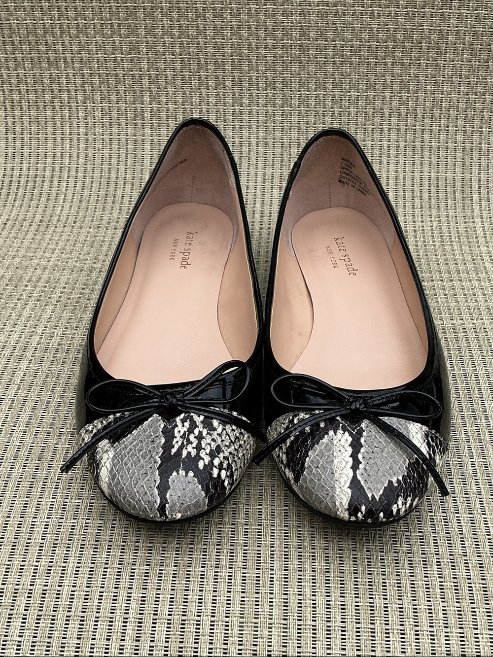 kate spade Black Patent & Gray Snake-Print Flats